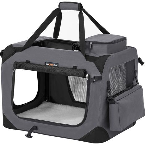 Sac Transport Chat Chien, Caisse Pliable Animaux de Companie, Taille M, Tissu Oxford, Filet, Respirant, Portable, Cadre en Métal, avec Poignées et Pochettes, 60 x 42 x 42 cm, Gris