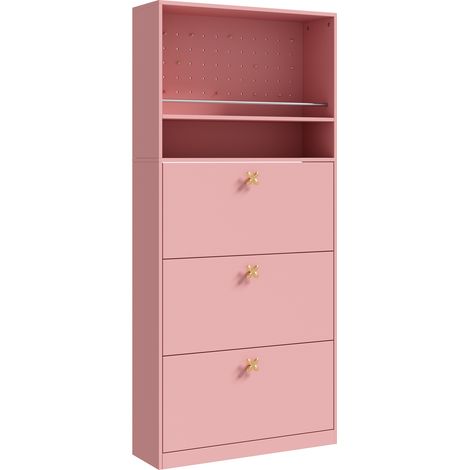 Zapatero estrecho moderno rosa con 3 abatibles y 2 estantes abiertos, 80 x 24 x 178,5 cm (1/5)