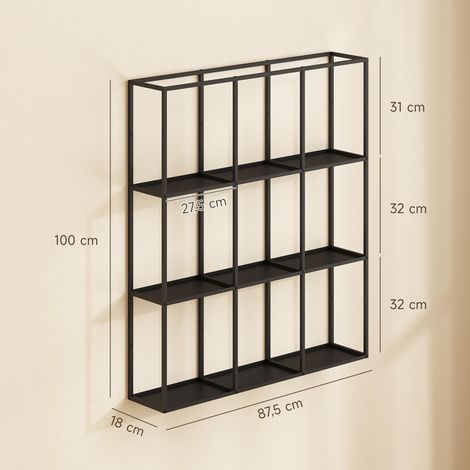 Étagère Murale Industrielle 9 Compartiments, Étagère Modulaire en Métal pour Objets de Collection, 87,5x18x100cm Noir (1/5)