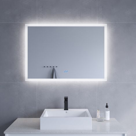 Badspiegel mit LED Beleuchtung Licht Spiegel 100x70cm ECHOS Typ B Touch Sensor Dimmbar Spiegelheizung Kaltweiß 6400K AQUABATOS (1/5)