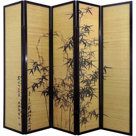 Pegane – Paravent en bois 5 pans L200 x H176 cm – Panneaux en lamelles de bambou naturel – Structure robuste pour séparation d'espace