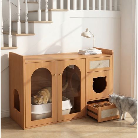 Mobile lettiera per gatti 120x45x83 cm in pannelli legno e vetro, noce – MEUBLIV (1/5)