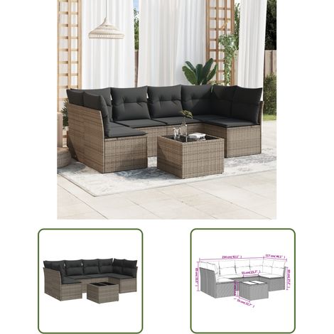 The Living Store Salon de jardin avec coussins 7 pcs gris résine tressée - Ensemble Salon De Jardin - Mobilier De Jardin - Salon De Jardin Design - Meubles De Jardin Résistants - Set Salon De Jardin (1/3)