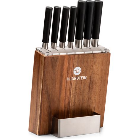 Klarstein – Set de 8 couteaux en acier trempé avec bloc en bois – Poignées ergonomiques antidérapantes – Hygiénique avec couvercle en plexiglas (1/5)