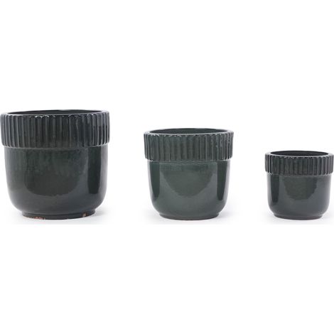 Maceta de cerámica artesanal Ø 23 cm verde oscuro brillante con ranuras y drenaje (1/5)