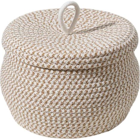 Cesta redonda decorativa con tapa de cuerda de algodón, caja de almacenamiento tejida para el hogar, diseño natural - Crezuo
