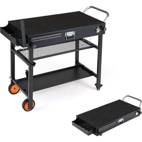 Chariot barbecue pliable en acier galvanisé, table extérieure 86,5 x 46 cm avec tapis résistant à la chaleur (1/2)
