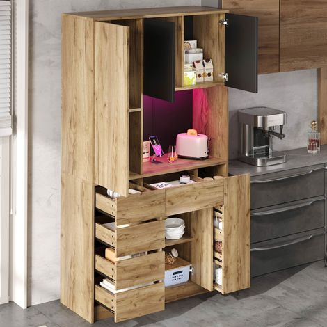 Armoire de cuisine, haute en taille, avec un étagment vertical à 4 niveaux pour les épices. Les compartiments sont réglables. L’armoire est équipée d’une lumière LED (1/5)