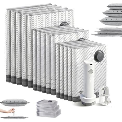 Set mit 15 Reise-Vakuum-Aufbewahrungsbeuteln in 3 Größen mit wiederaufladbarer elektrischer USB-Pumpe für Gepäck (12 (4S+4M+4L))