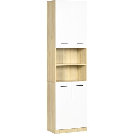 Armoire de salle de bain haute à 4 portes, 2 étagères ouvertes et étagères réglables, 53 x 33,5 x 195,7 cm, blanc et chêne (1/5)
