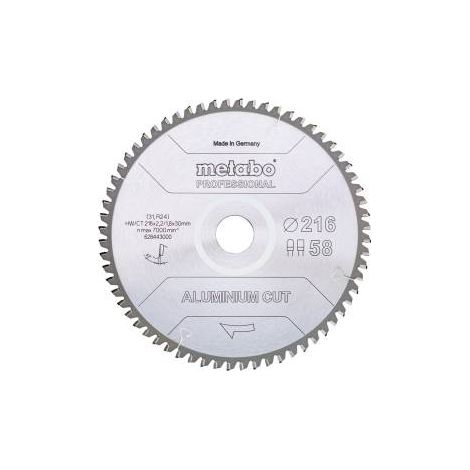 Metabo – Lame de scie circulaire 216mm – Pour aluminium – 58 dents FZ/TZ – Angle de coupe 5° – Largeur de coupe 2,2mm – Alésage 30mm (1/5)