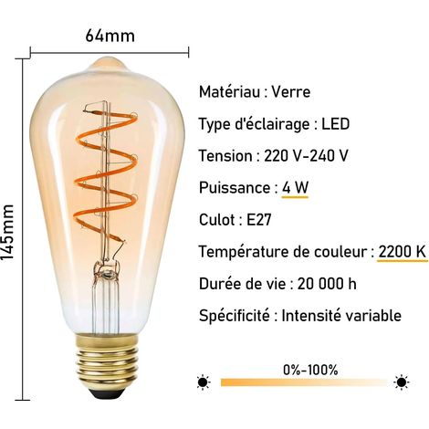 Lot de 3 Ampoule E27 Vintage LED, 4W, 2200K, Dimmable, Jaune Chaud (1/5)