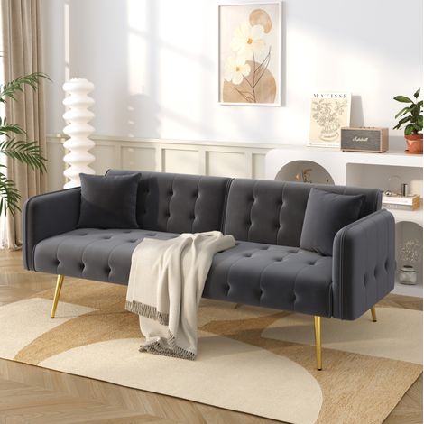 Divano letto 2 posti con schienale e braccioli regolabili, velluto grigio DESVIAE (1/5)