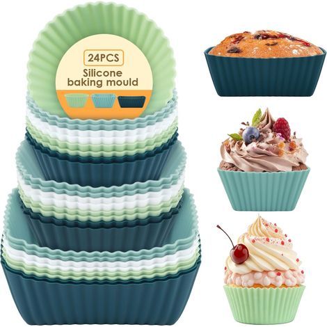 24-teiliges Set wiederverwendbarer Silikon-Muffinformen (BPA-frei) – Rechteckige/runde Formen für Muffins, Cupcakes und Gebäck (1/5)