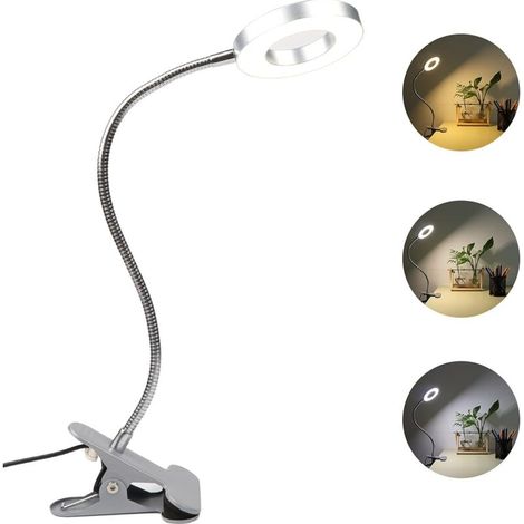 7W USB Lampes-clips de Bureau avec Pince et Bras,48 LED,3 Couleur et 10 Intensite Variable,Lampe Tatouage Flexible,Clip Lampe de Lecture au Lit Enfant,Lampe Extension de Cils,Argent (1/5)
