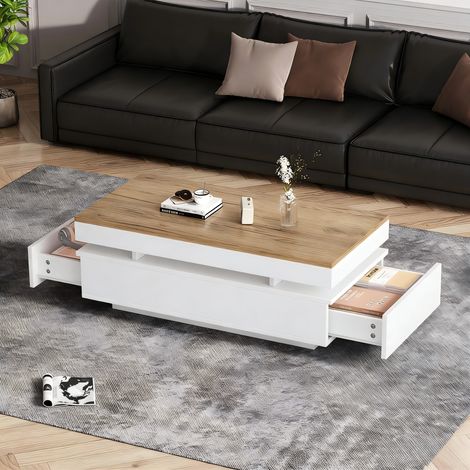 REDOM Table basse 100x50x35 cm 2 tiroirs, éclairage LED, surface brillante, panneau de particules blanc et ton bois (1/5)