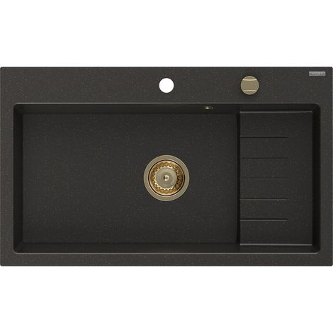 Mexen Omar lavello in granito 1-vasca 800 x 480 mm, nero/oro metallizzato, sifone dorato - 6520801005-75-G (1/5)