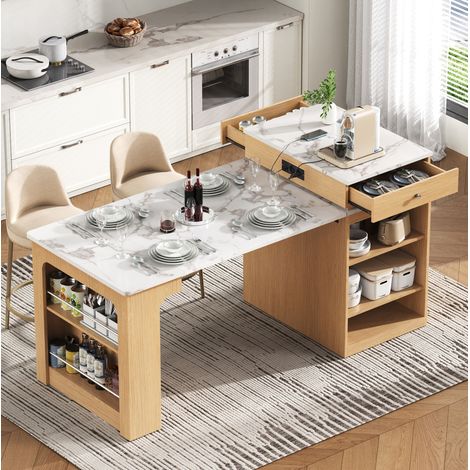 Table à manger extensible en MDF aspect bois naturel et verre, blanc effet marbre, 80 x 71/111/151 x 92 cm