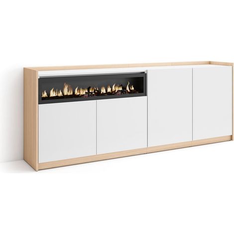 Skraut Home - Aparadores para salón, 207x37x80cm, 4 Puertas, Chimenea eléctrica, Blanco y roble soft (1/5)