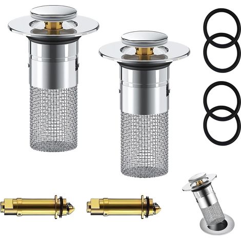 Lot de 2 Bondes, Acier Inoxydable, Filtre Anti-Cheveux, Système à Pression, Salle de Bain