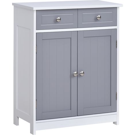 Badezimmerschrank, Aufbewahrungseinheit mit 2 Schubladen, Doppeltür und verstellbarem Einlegeboden, 60 x 30 x 75 cm, grau