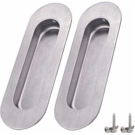 Confezione da 2 maniglie per porte scorrevoli, maniglia ovale incassata in acciaio inox satinato spazzolato, maniglia a scomparsa per porte scorrevoli, armadi, credenze e cassetti - Argento (1/4)