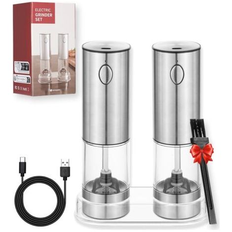 Moulins à sel et à poivre électriques, set de 2, mécanisme de broyage en céramique réglable en continu en acier inoxydable, rechargeable par USB, avec dessous de plat et pinceau et fenêtre de visualis (1/5)