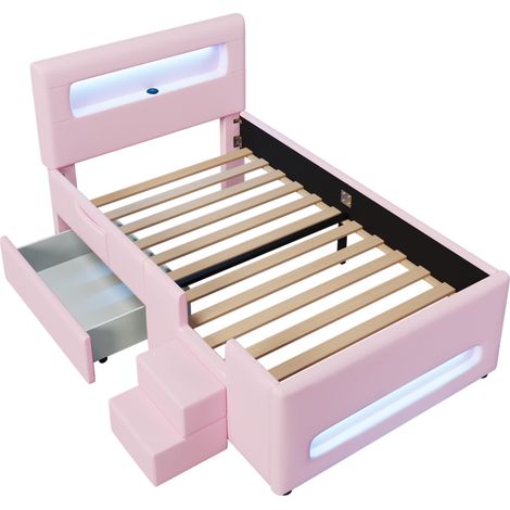 CAIziLit plateforme rembourré 90x200 cm rose avec escalier, LED, USB, tiroirs (1/5)