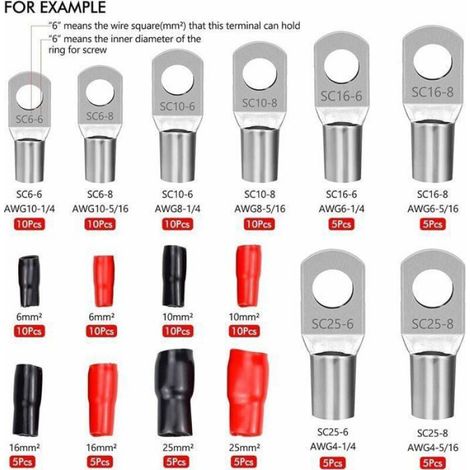 Kit de cosses à sertir pour bornes électriques - - 120 pièces - Cuivre rouge - Capuchons isolants en PVC (1/3)