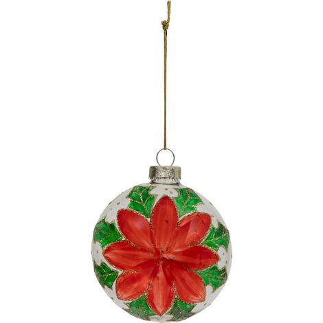 Déco Sapin Boule de Noël en Verre D 8 cm rouge décor poinsettia - Feeric Christmas