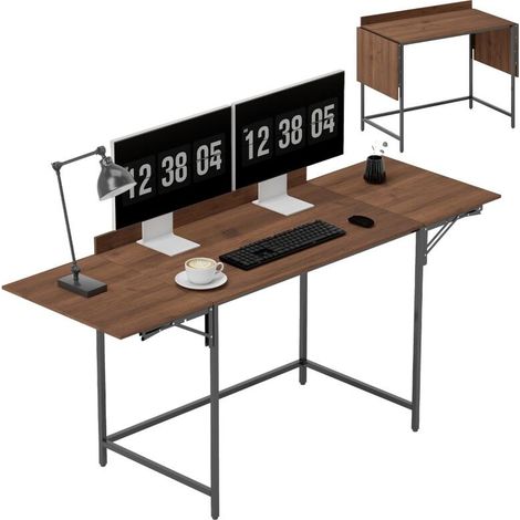 Bureau pliant pour ordinateur avec 2 rabats pour écrans, idéal petit espace, dimensions 170 x 58 x 78 cm, couleur noyer (1/5)