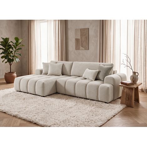 Canapé d'angle convertible avec coffre en tissu texturé beige (1/5)
