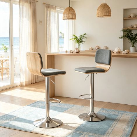DESMIU Tabourets de Bar Lot de 2, Pivotants à 360 Degrés, Réglables en Hauteur, avec Dossier et Repose-pieds, Tissu Métal Gris (1/4)