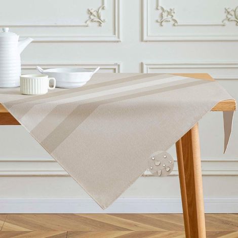 Nappe Beige Carré Anti-Taches 100 x 100 cm Lavable Rayures Tableau en Imitation Lin Moderne Protection de Table Extérieurs Imperméable pour Table à Manger, Salon, Jardin, Fête (1/5)