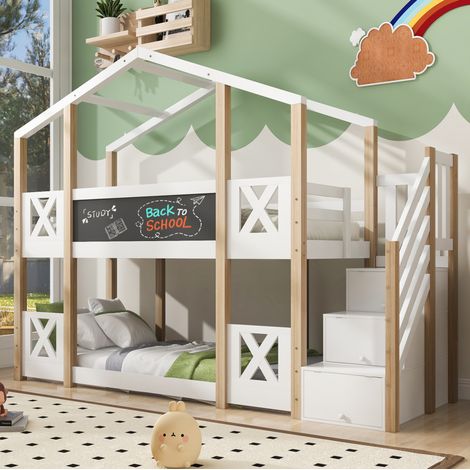 Lit mezzanine cabane enfant 90/200 cm blanc et naturel en bois avec escalier de rangement et tableau (1/5)