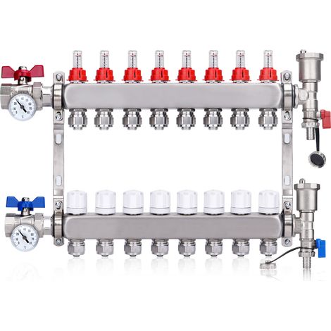 Kit Collecteur Radiateur, 8 Circuits Distributeur Chauffage, avec Thermomètreavec, avec Eurocône 3/4 (16 x 2 mm), Vannes à Boisseau Sphérique 1", avec Purgeur Manuel et Débitmètre, Distributeur HKV