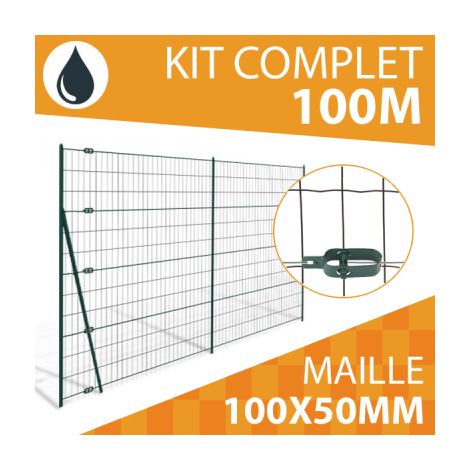 Cloture & Jardin – Kit grillage soudé gris 100m – Maille 100x50mm – Fil 2,1mm – Piquets en acier thermolaqué 1,50m – Installation facile incluse
