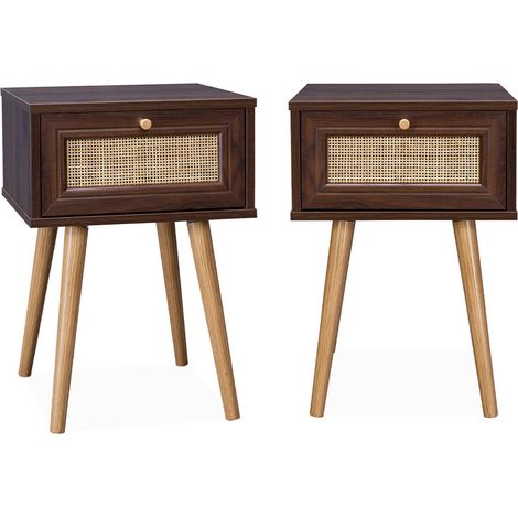 Lot de 2 tables de chevet effet bois foncé et cannage avec 1 tiroir