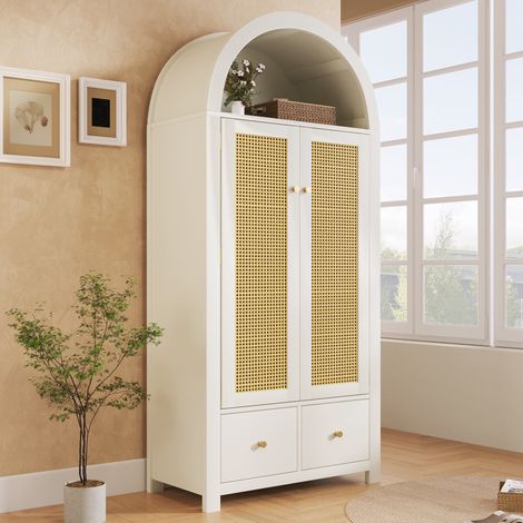 Armario para dormitorio, armario ropero con puertas de ratán, estilo boho chic en MDF 181 x 78 x 45 cm con 2 puertas y 2 cajones, Blanco (1/5)
