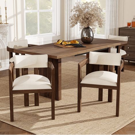 Juego de 4 sillas de comedor con reposabrazos, estructura de madera maciza, tejido de lino, color nogal (1/5)