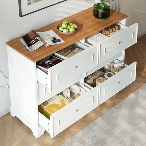Aparador moderno de seis cajones diseño minimalista ideal para salón comedor color blanco y madera natural 120x40x76 cm (1/5)