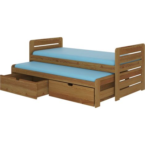 Lit gigogne bois oak 2 couchages 90x200 avec 2 coffres de rangement Balina (1/5)