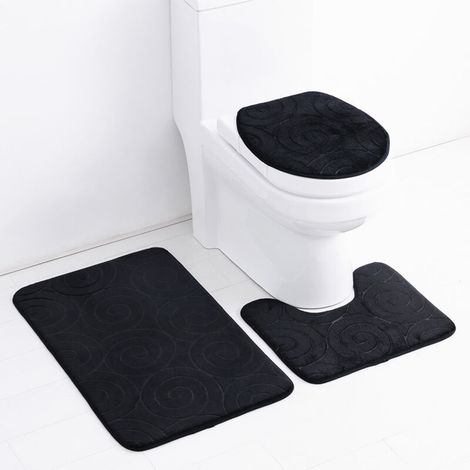 Ensemble de tapis de salle de bain en pierre gaufrée, housse d'abattant de toilette, tapis latéral de bain absorbant, noir (1/5)