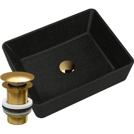 Lavabo en Granit à Poser Merano Ligne Dorée Noire avec Bonde Click-Clack Dorée Inclus (1/5)