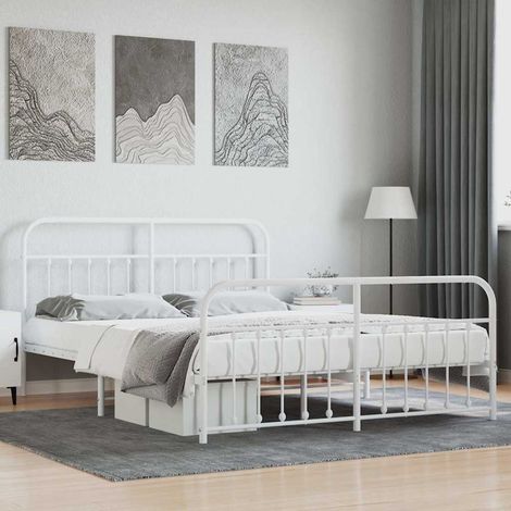 Cadre de lit métal sans matelas et pied de lit blanc 160x200 cm (1/5)