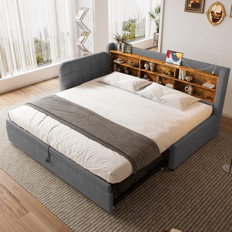 MEUBLIV Bett 90x200 cm grau – Ausziehbett mit USB und Stauraum, ohne Matratze (1/5)