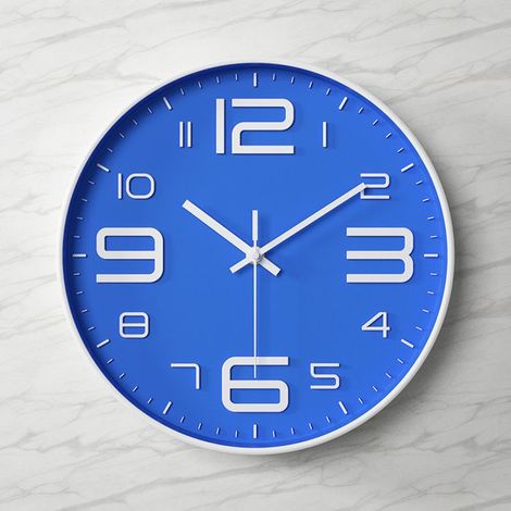 Horloge murale silencieuse de 30 cm, fond bleu et cadre blanc, sans tic-tac, grande taille, facile à lire, convient à