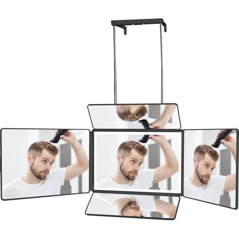 Miroir 360° - Self Cut Mirror - Miroir 5 faces pliable avec crochets adaptables, lumières LED Rechargeable, Voir l'arrière de la tête, pour la Coupe de Cheveux, Le coiffage, Le Rasage,Coiffure Miroir