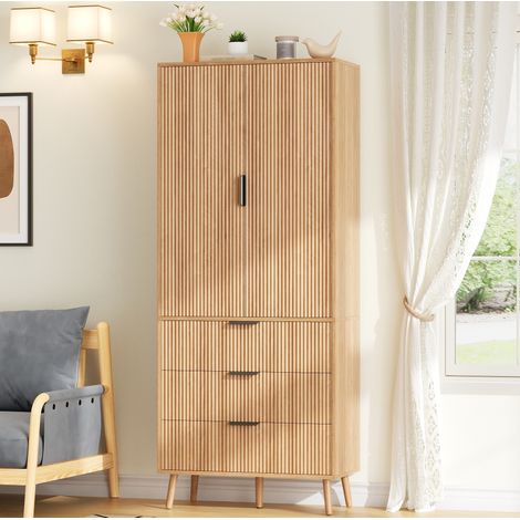 Armadio contenitore alto 75 x 35 x 180 cm con 2 ante, 3 cassetti e ripiani regolabili, MDF naturale (1/5)