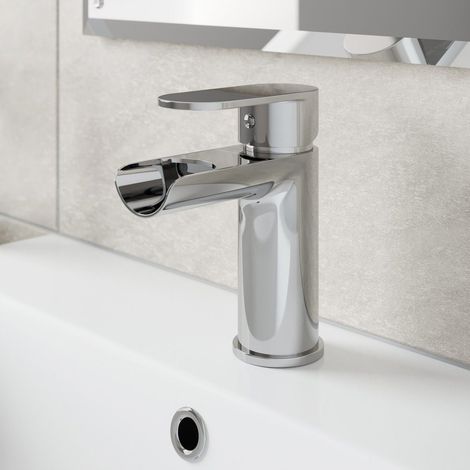 Bathroom Waterfall Mono Basin Sink Mixer Tap Modern Round Lever Handle Chrome (1/5)